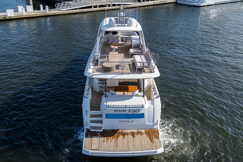Slide: The Image of Prestige 690 yacht from 2021 cruising on a calm waterway. - 6