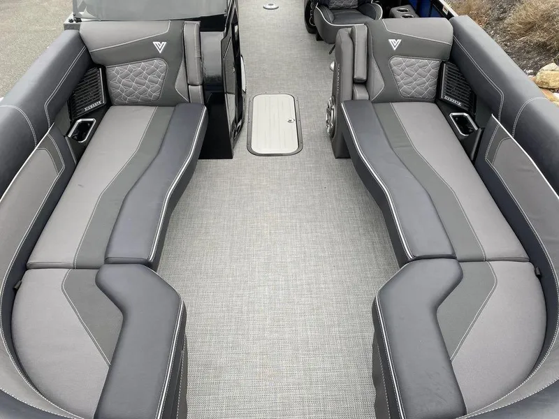 Slide: The Image of 2025 Viaggio D24U boat interior with gray seating and modern design. - 8