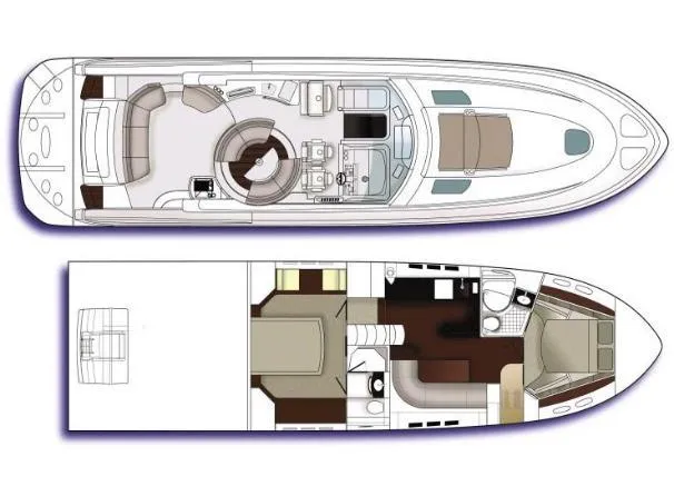 Slide: The Image of Layout of 2009 Sea Ray 55 Sundancer yacht, featuring upper and lower deck plans. - 32
