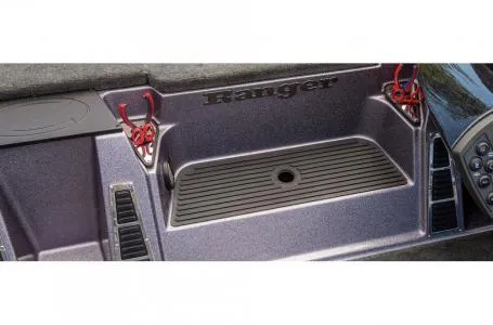 Slide: The Image of 2018 Ranger Z518c boat interior with storage compartment and red hooks. - 10