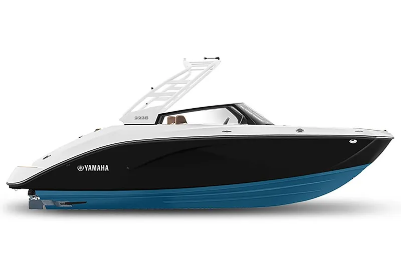 Slide: The Image of 2025 Yamaha Boats 222S, sleek black and blue design, side view. - 30
