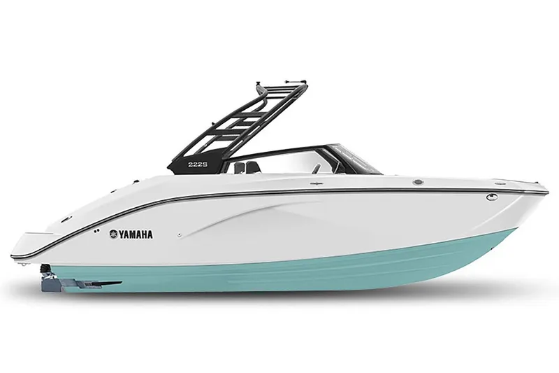 Slide: The Image of 2025 Yamaha Boats 222S, sleek white and turquoise design, side view. - 31