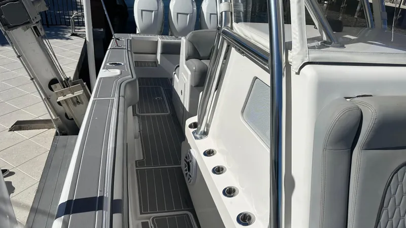 Slide: The Image of 2021 Blackwater 36 SF boat interior with sleek seating and modern design. - 9