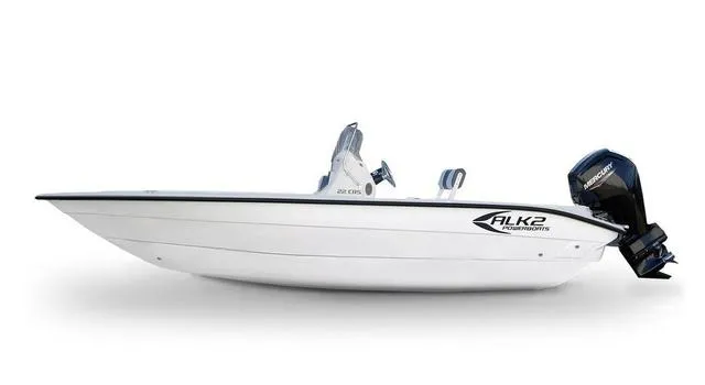 Slide: The Image of 2025 ALK2 Boats 22 CRS, sleek white design with outboard motor. - 11