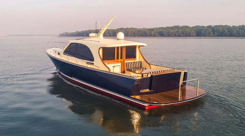 Slide: The Image of 2026 Palm Beach Motor Yachts PB55 cruising on calm waters, elegant design, luxury yacht. - 20