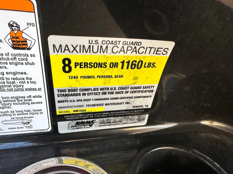 Slide: The Image of Yamaha SX192 2013 boat capacity label: 8 persons or 1160 lbs, U.S. Coast Guard compliant. - 23