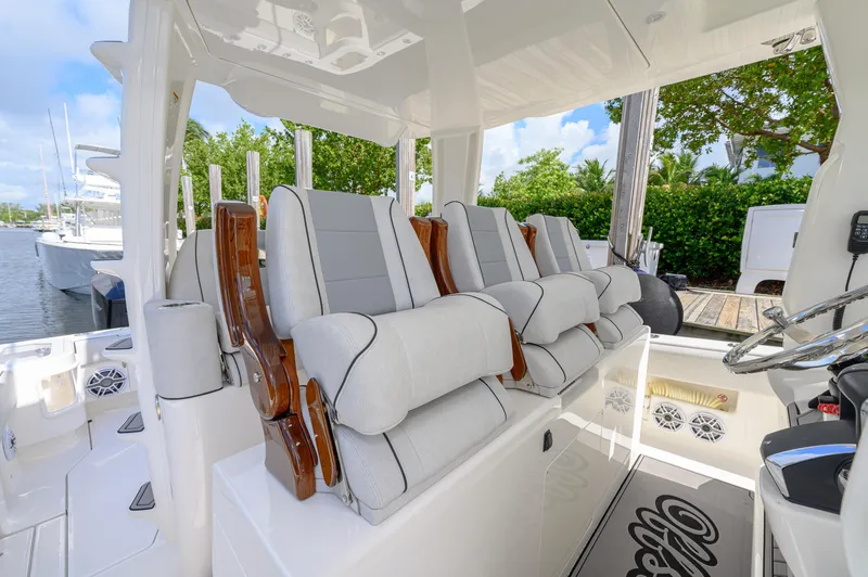 Slide: The Image of 2023 SeaVee 420Z boat interior with plush seating and modern design. - 12