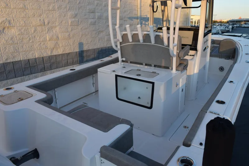 Slide: The Image of 2025 Sea Hunt Gamefish 28 boat interior with seating and storage compartments. - 5
