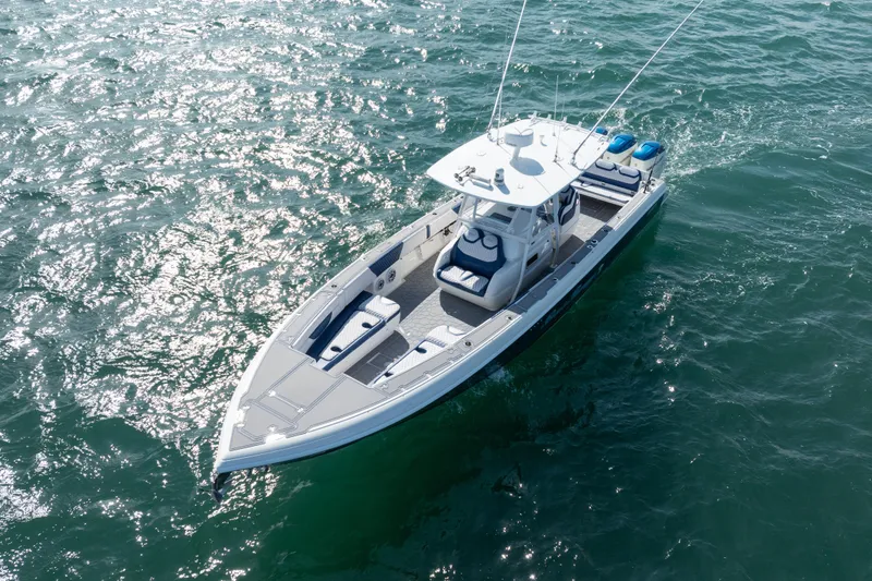 Slide: The Image of 2007 Intrepid 375 Center Console boat cruising on open water. - 3