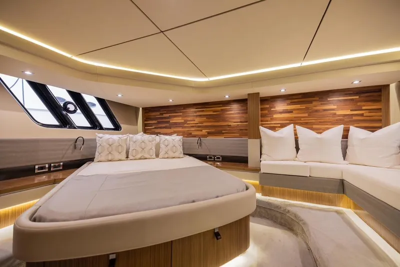 Slide: The Image of Luxurious interior of 2017 Sea Ray 59 Flybridge yacht with elegant wood accents. - 21