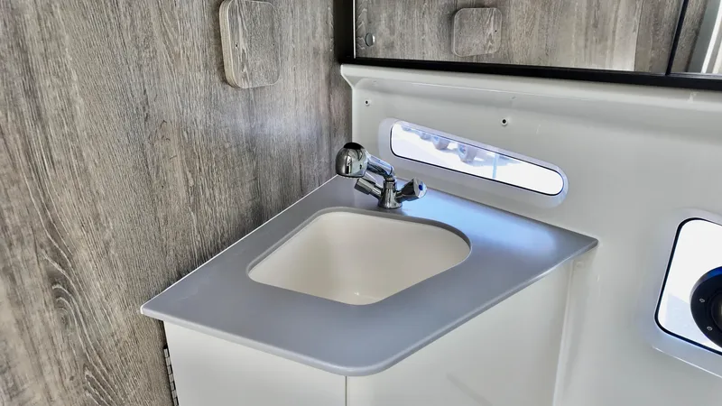 Slide: The Image of 2025 Bayliner Trophy 29 Explorer bathroom sink with modern faucet and wood paneling. - 20