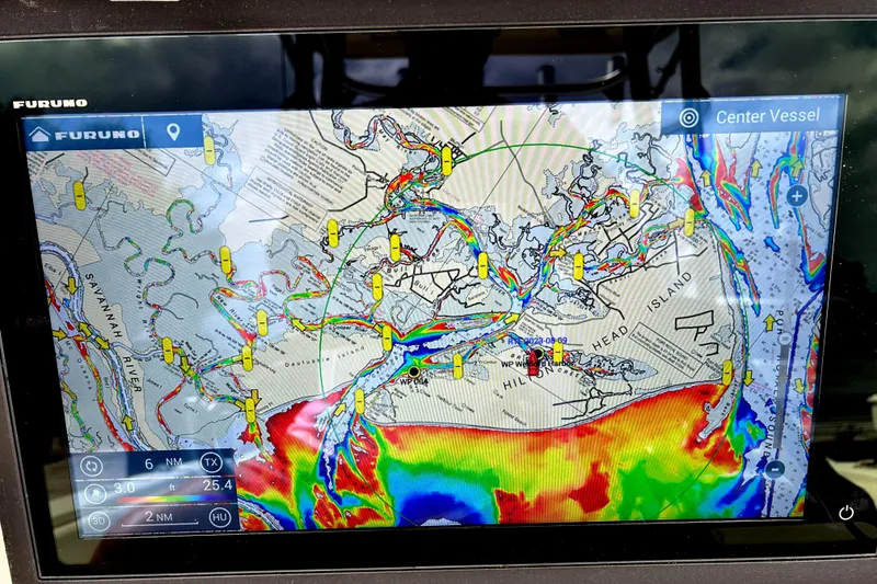 Slide: The Image of Furuno marine navigation display showing colorful map on World Cat 330 TE, 2008 model. - 19