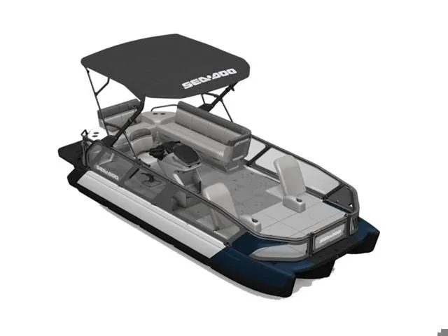 Slide: The Image of 2025 Sea-Doo Switch™ Sport 21 - 230 Hp Painted pontoon boat with canopy and seating. - 1