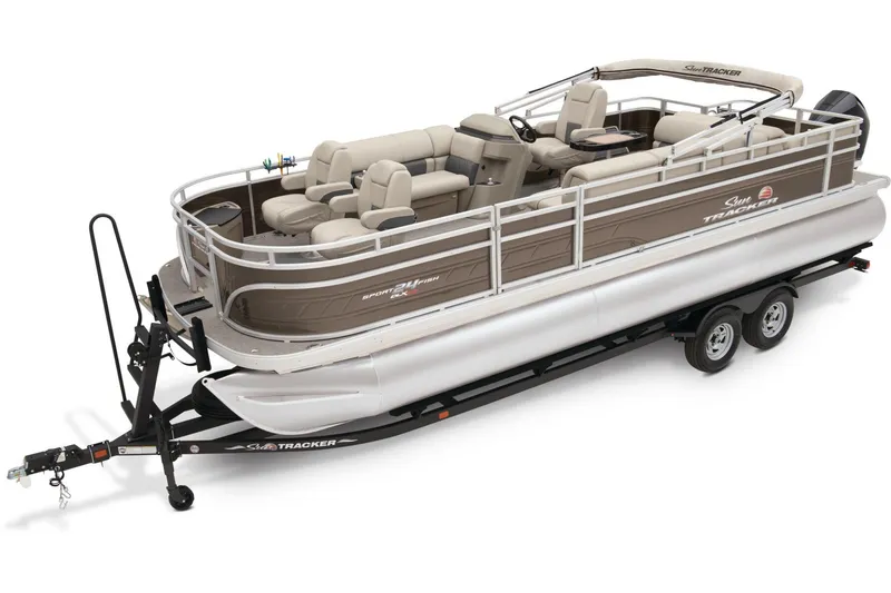 The Image of 2025 Sun Tracker Sportfish 24 XP3 pontoon boat on trailer in sunny outdoor setting. - 0