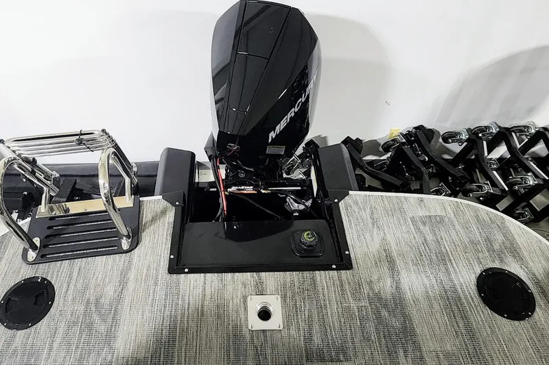 Slide: The Image of 2025 Ranger Reata 243C boat with Mercury outboard motor and swim ladder. - 17