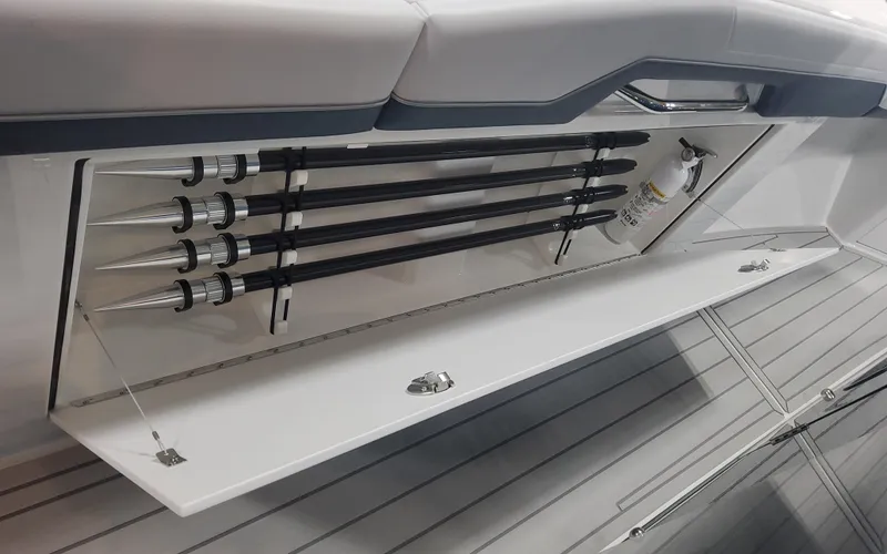 Slide: The Image of 2025 Formula 387 Center Console Fish rod storage compartment, showcasing sleek design and functionality. - 15
