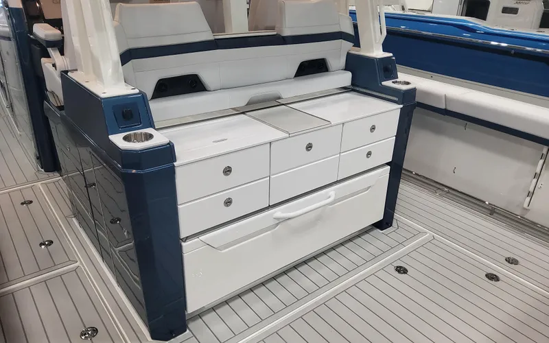 Slide: The Image of 2025 Formula 387 Center Console Fish interior with storage drawers and seating. - 24
