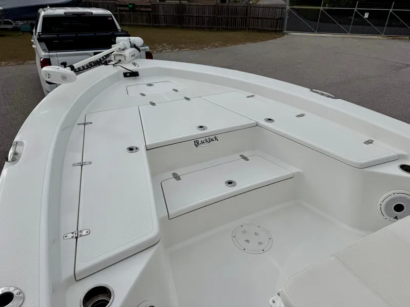 Slide: The Image of 2020 BlackJack 256 Bay boat on trailer, showcasing spacious deck and storage compartments. - 6