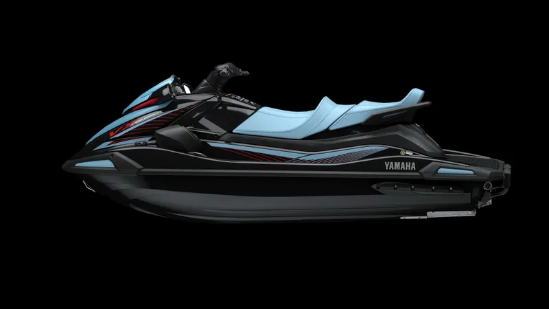 Slide: The Image of 2025 Waverunner VX DELUXE A jet ski, sleek black and blue design, side view. - 1