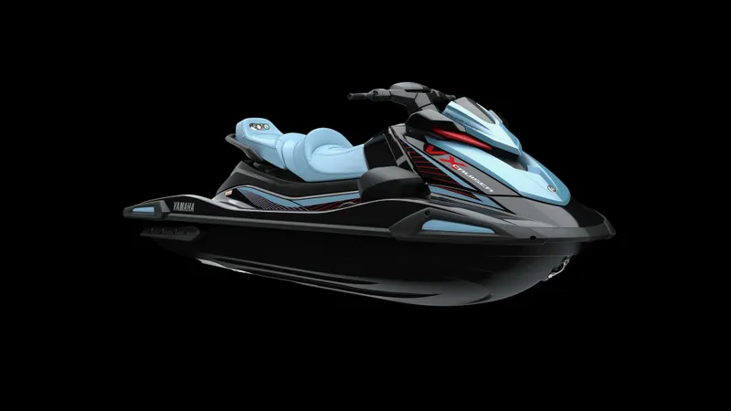 Slide: The Image of 2025 Waverunner VX DELUXE A jet ski, sleek design, black and blue color scheme. - 2