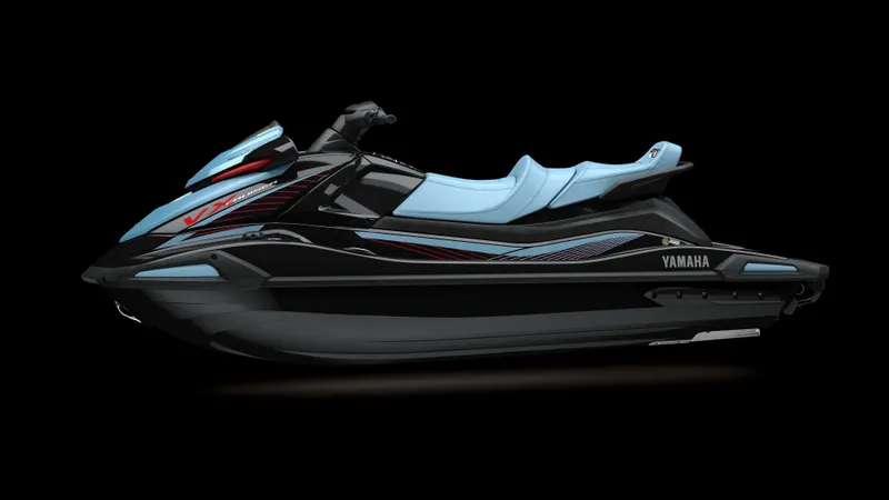 Slide: The Image of 2025 Waverunner VX Cruiser A jet ski, sleek black design with blue accents. - 1