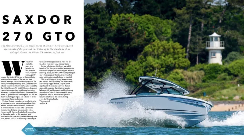 Slide: The Image of 2024 Saxdor 270 GTO boat cruising on water with lush greenery and lighthouse in background. - 12