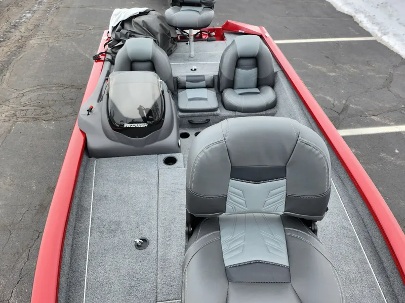 Slide: The Image of 2019 Tracker Pro Team 190 TX Tournament Edition boat with gray seating and red trim. - 17