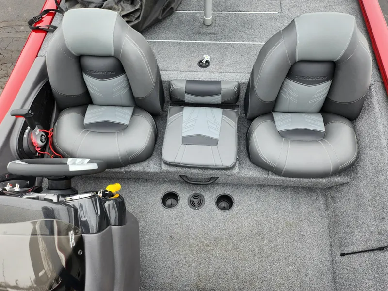 Slide: The Image of 2019 Tracker Pro Team 190 TX Tournament Edition boat interior with dual gray seats. - 18