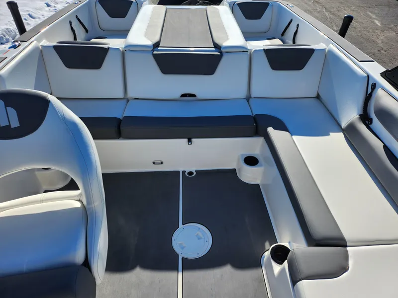 Slide: The Image of 2019 Heyday WT-2DC boat interior with gray and white seating arrangement. - 21