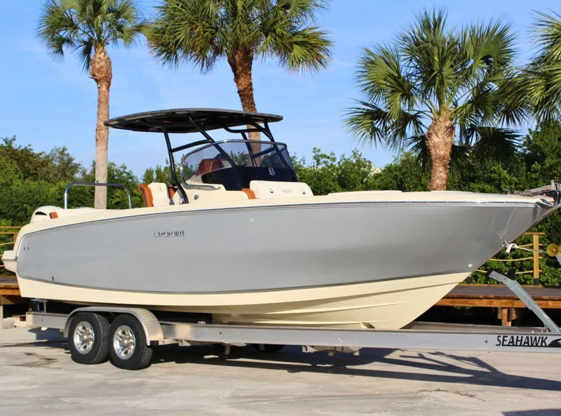 Slide: The Image of 2024 Capoforte FX270 boat on trailer, surrounded by palm trees. - 1