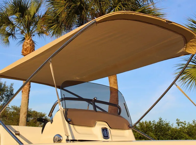 Slide: The Image of 2024 Capoforte SX200 boat with canopy, set against palm trees and blue sky. - 4