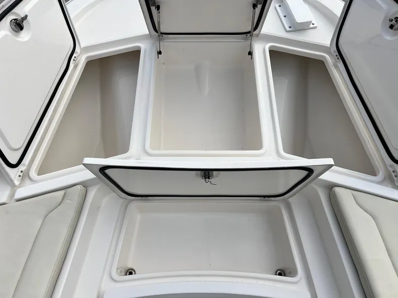 Slide: The Image of 2019 Sea Cat 260 boat storage compartments open, showcasing spacious interior. - 13