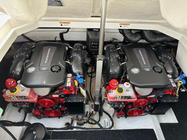 Slide: The Image of 2025 Regal LS36 boat engine compartment with dual powerful engines. - 29