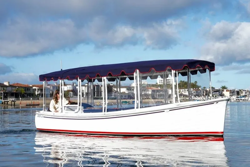 Slide: The Image of 2022 Duffy Sun Cruiser boat on calm water with blue canopy and scenic background. - 24