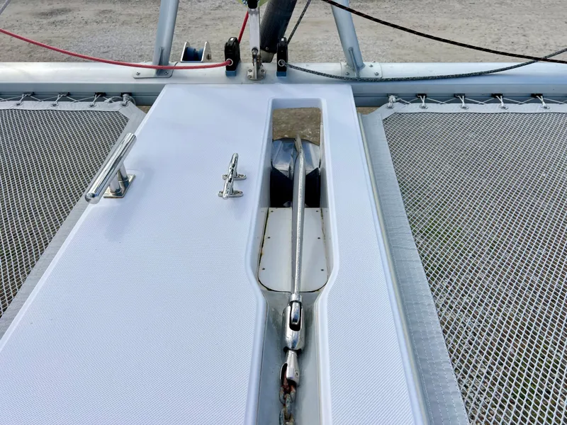 Slide: The Image of Seawind 1260 catamaran deck, 2020 model, featuring hatches and rigging details. - 14