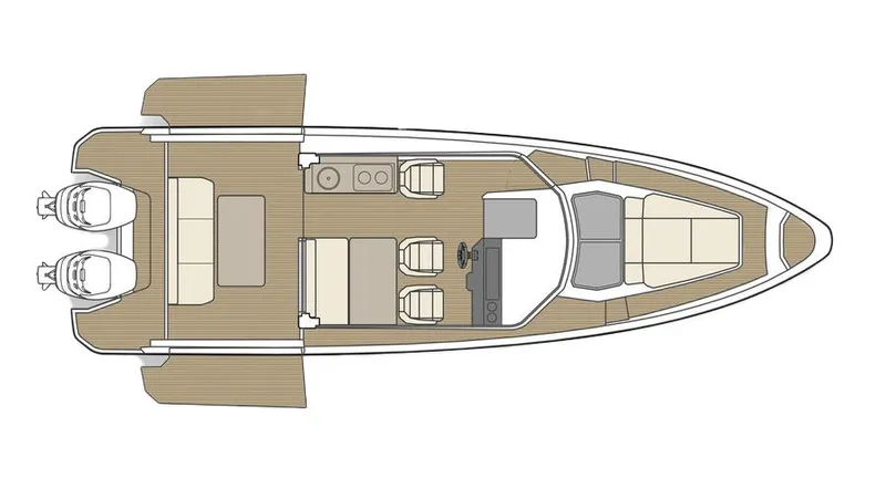 Slide: The Image of Top view layout of 2025 Saxdor 320 GTC boat, featuring dual engines and spacious seating. - 16