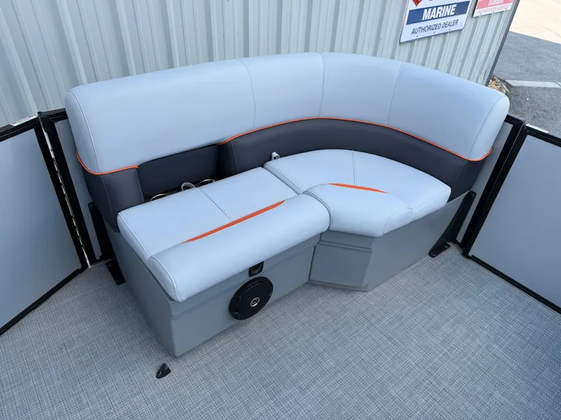 Slide: The Image of 2025 Bentley Pontoons Bolt 203 interior seating with modern design and gray upholstery. - 17