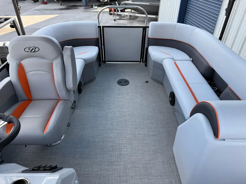 Slide: The Image of 2025 Bentley Pontoons Bolt 203 interior with gray and orange seating. - 21