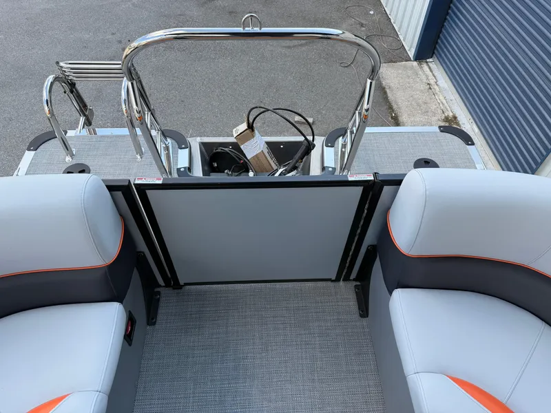 Slide: The Image of 2025 Bentley Pontoons Bolt 203 interior with gray and orange seating, rear view. - 27