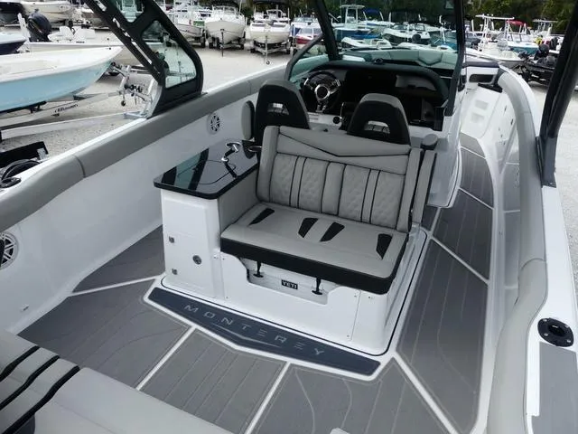 Slide: The Image of 2025 Monterey Elite 30 OB boat interior with modern seating and sleek design. - 10