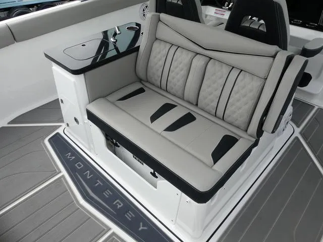 Slide: The Image of 2025 Monterey Elite 30 OB boat interior with luxurious seating and sleek design. - 15