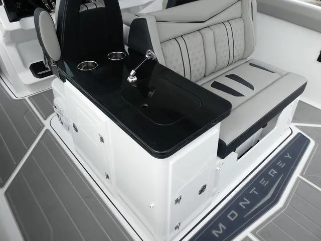 Slide: The Image of 2025 Monterey Elite 30 OB boat interior with seating and sink area. - 16