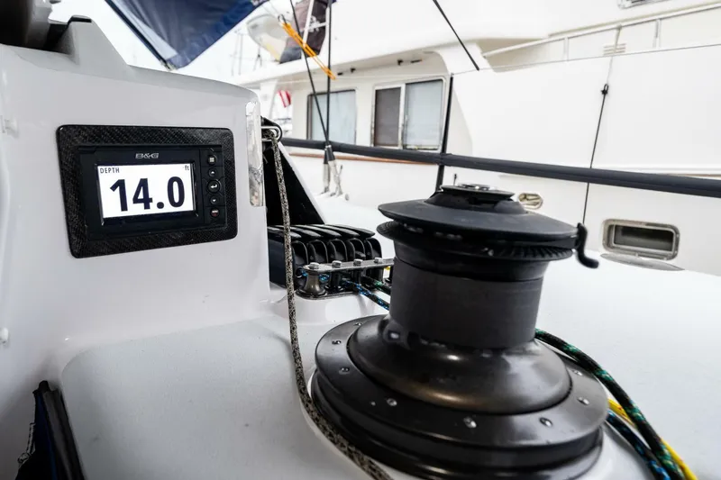 Slide: The Image of Close-up of McConaghy Reichel/Pugh 2007 yacht cockpit with winch and digital display showing 14.0. - 38
