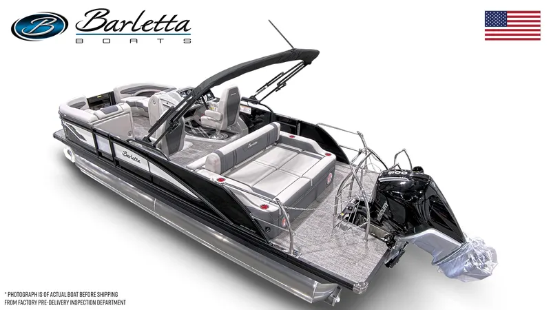 Slide: The Image of 2025 Barletta Corsa Ultra-Lounge 23UC pontoon boat with sleek design and modern features. - 5