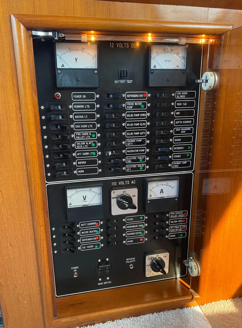 Slide: The Image of Electrical panel of 1991 Lien Hwa McKinna 42 Aft Cabin yacht, featuring gauges and switches. - 42