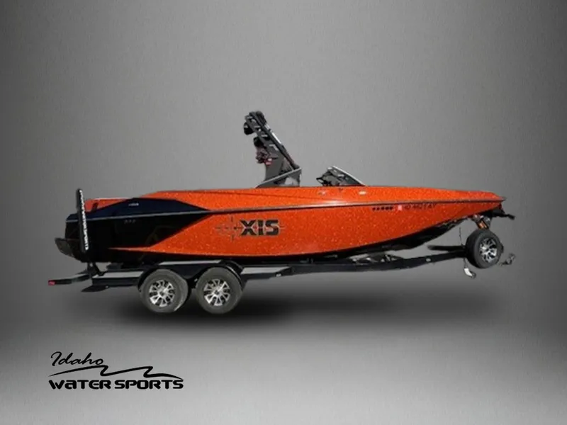 Slide: The Image of 2019 Axis A24 boat in vibrant orange on trailer, Idaho Water Sports logo. - 1
