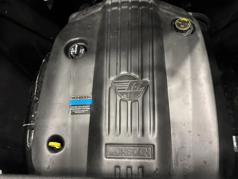 Slide: The Image of 2021 Malibu 25 LSV Monsoon engine cover, showcasing branding and design details. - 17