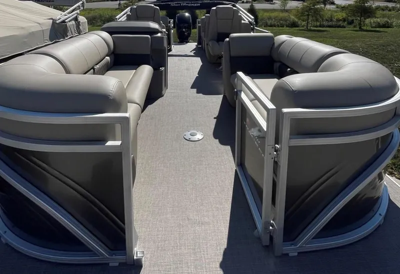 Slide: The Image of 2025 Sun Tracker Party Barge 22 DLX with spacious seating and modern design. - 3