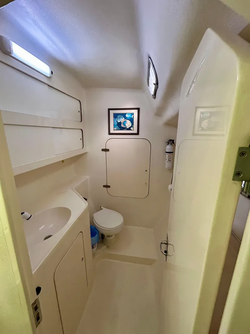 Slide: The Image of Compact bathroom in 2001 Voyage Maxim boat with sink, toilet, and wall art. - 28