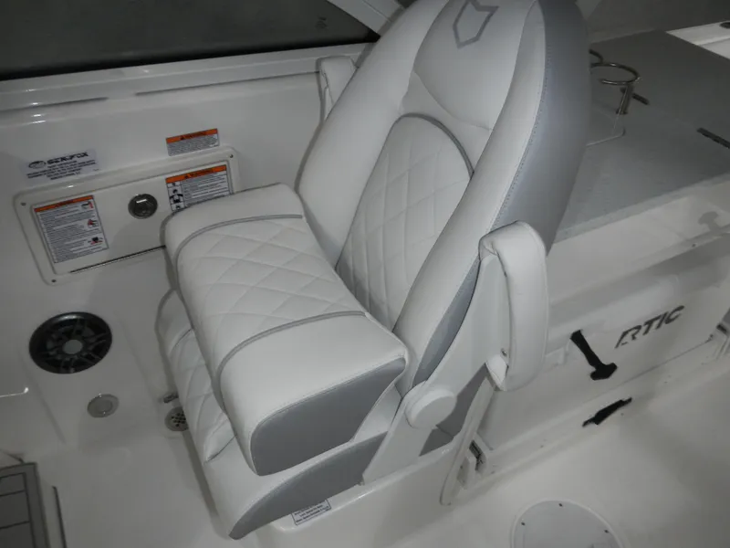 Slide: The Image of Luxury seating on 2025 Sea Fox 268 Traveler boat, featuring quilted upholstery and ergonomic design. - 13